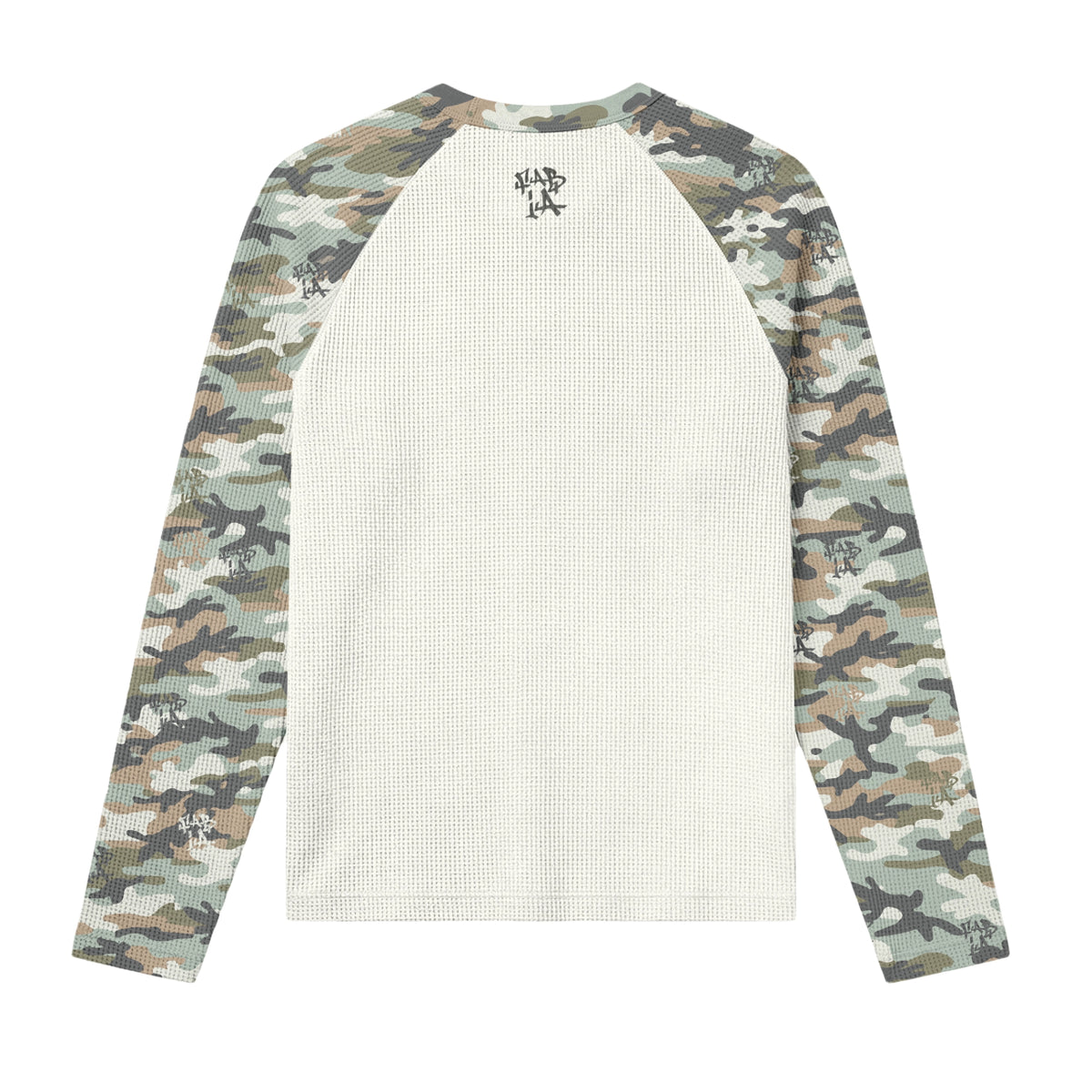 Long-sleeve shirt with camouflage sleeves and white body on a white background