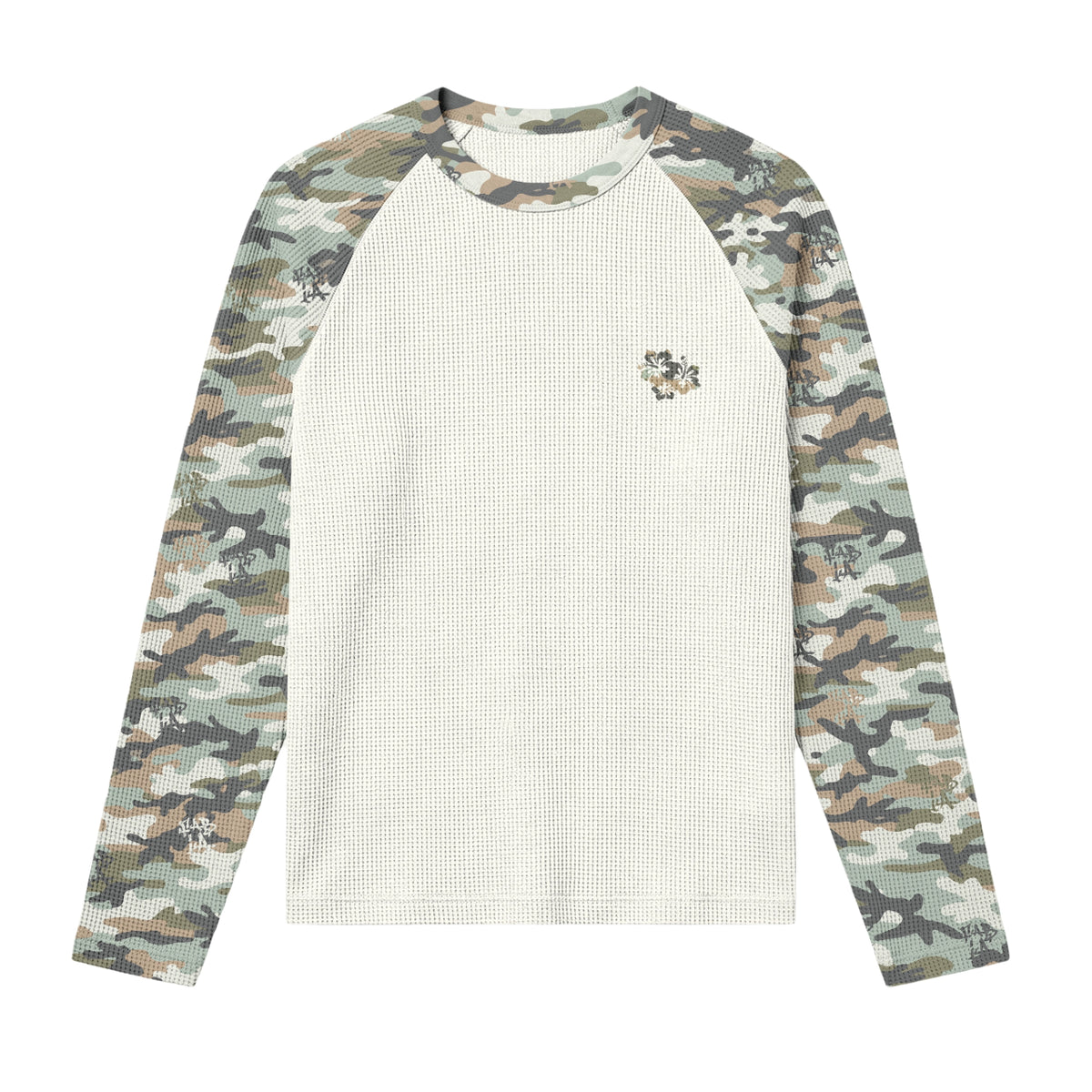 Long-sleeve shirt with camouflage sleeves and white body on a white background