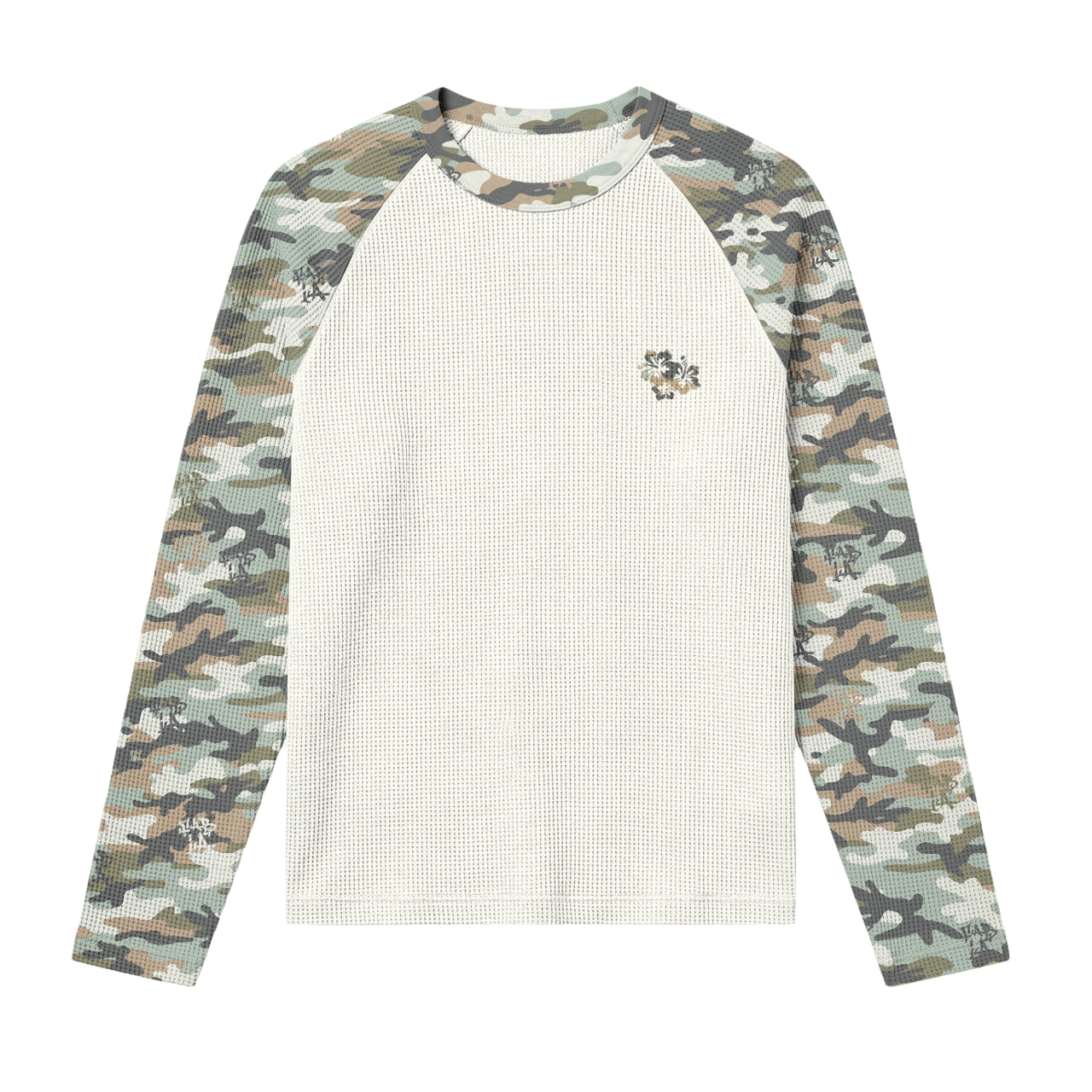 Long-sleeve shirt with camouflage sleeves and white body on a white background