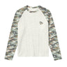 Long-sleeve shirt with camouflage sleeves and white body on a white background