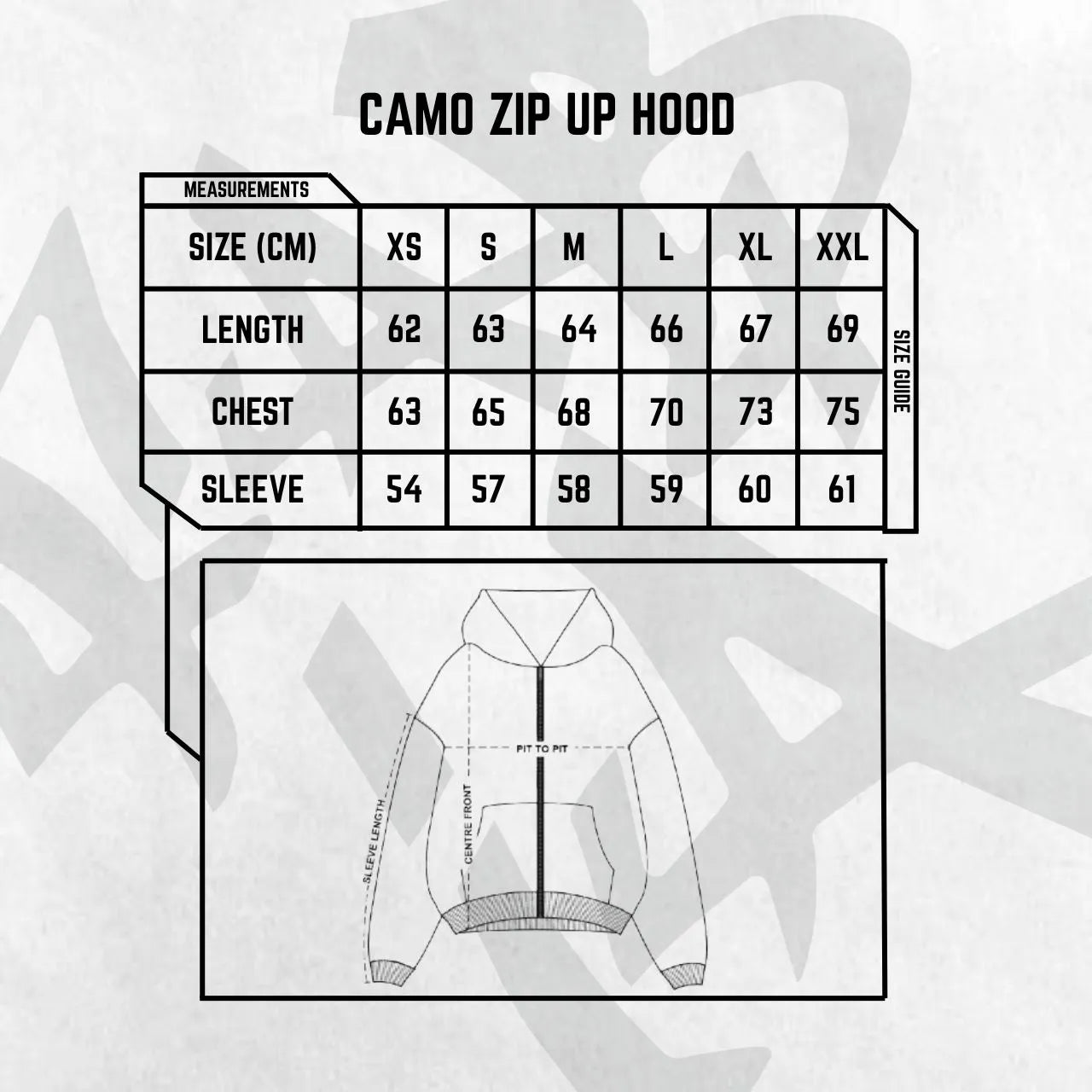 Size chart for a camo zip-up hoodie with measurements in centimeters.